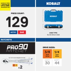 Kobalt Mechanics Tool Sets 129-Piece Standard (SAE) and Metric Combination Polished Chrome Mechanics Tool Set (1/4-in; 3/8-in) -SEO title and description design 17783413 scaled