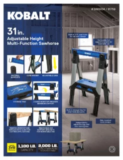 Kobalt Saw Horses 30.63-in W x 33.5-in H Adjustable Pp and Steel Construction Saw Horse (1000-lb Capacity) -SEO title and description design 44627987 scaled